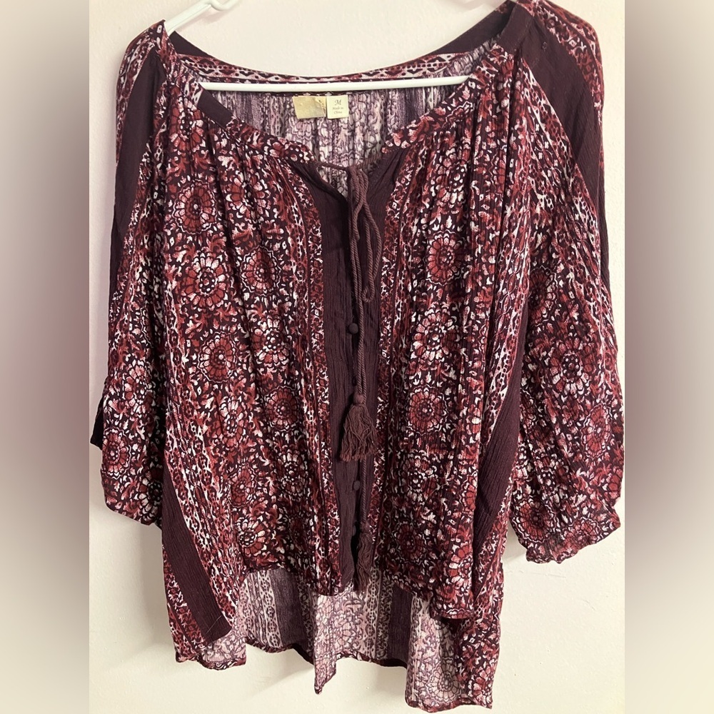 Women’s Boho/Cottagecore Relaxed Top Size M, Tassel Tie, Maroon/Pink, Loose Fit